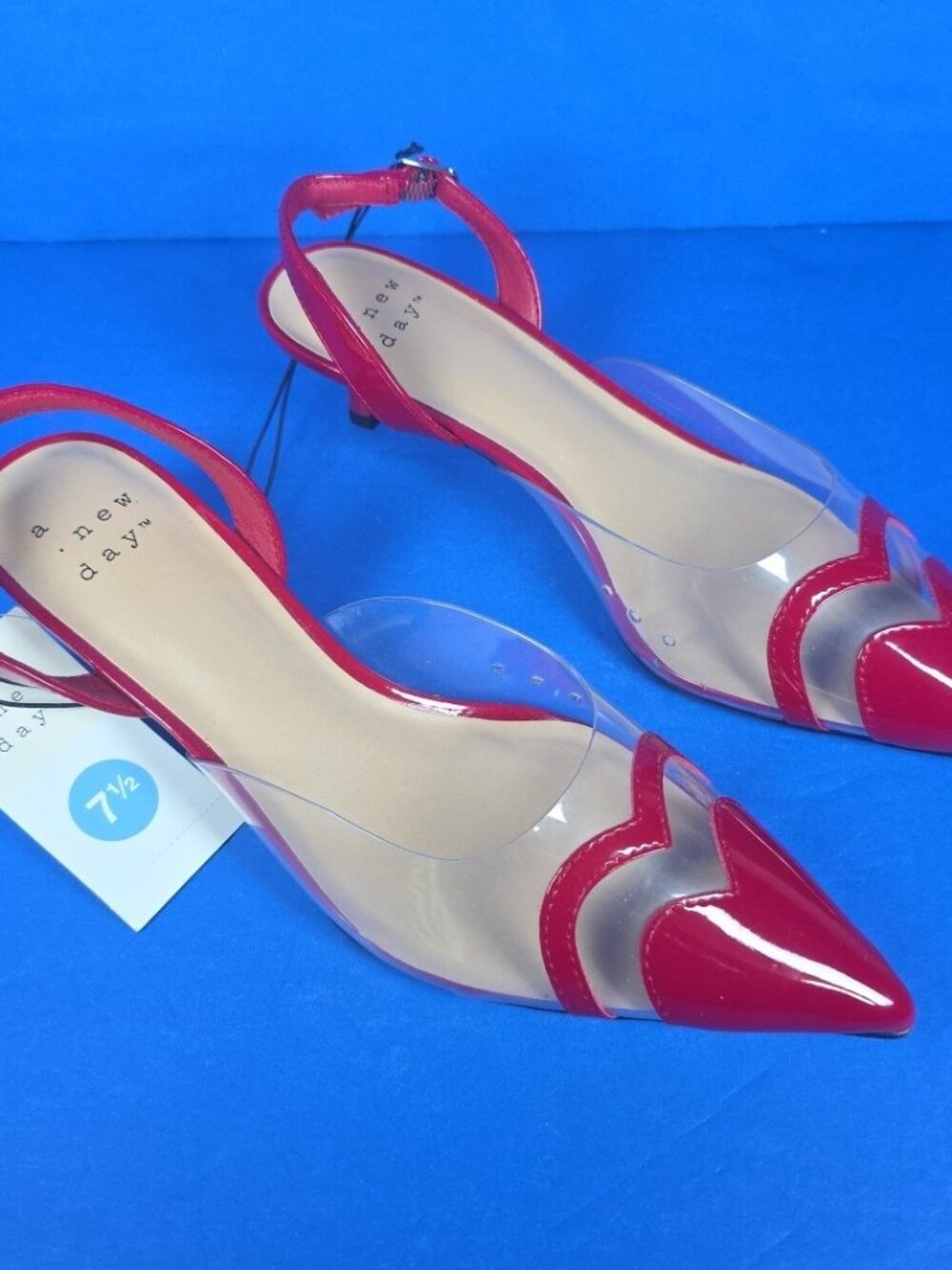 A New Day Shoes Women Red Clear Pointed Toe Heel Eleanor Heart Detail Size 7 1/2